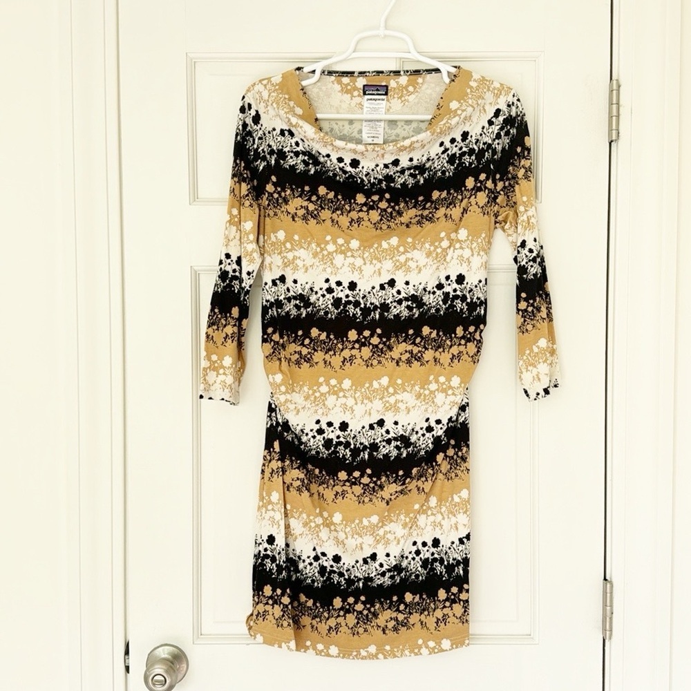 PATAGONIA dress size M black brown white organic cotton draped neck 3/4 sleeves